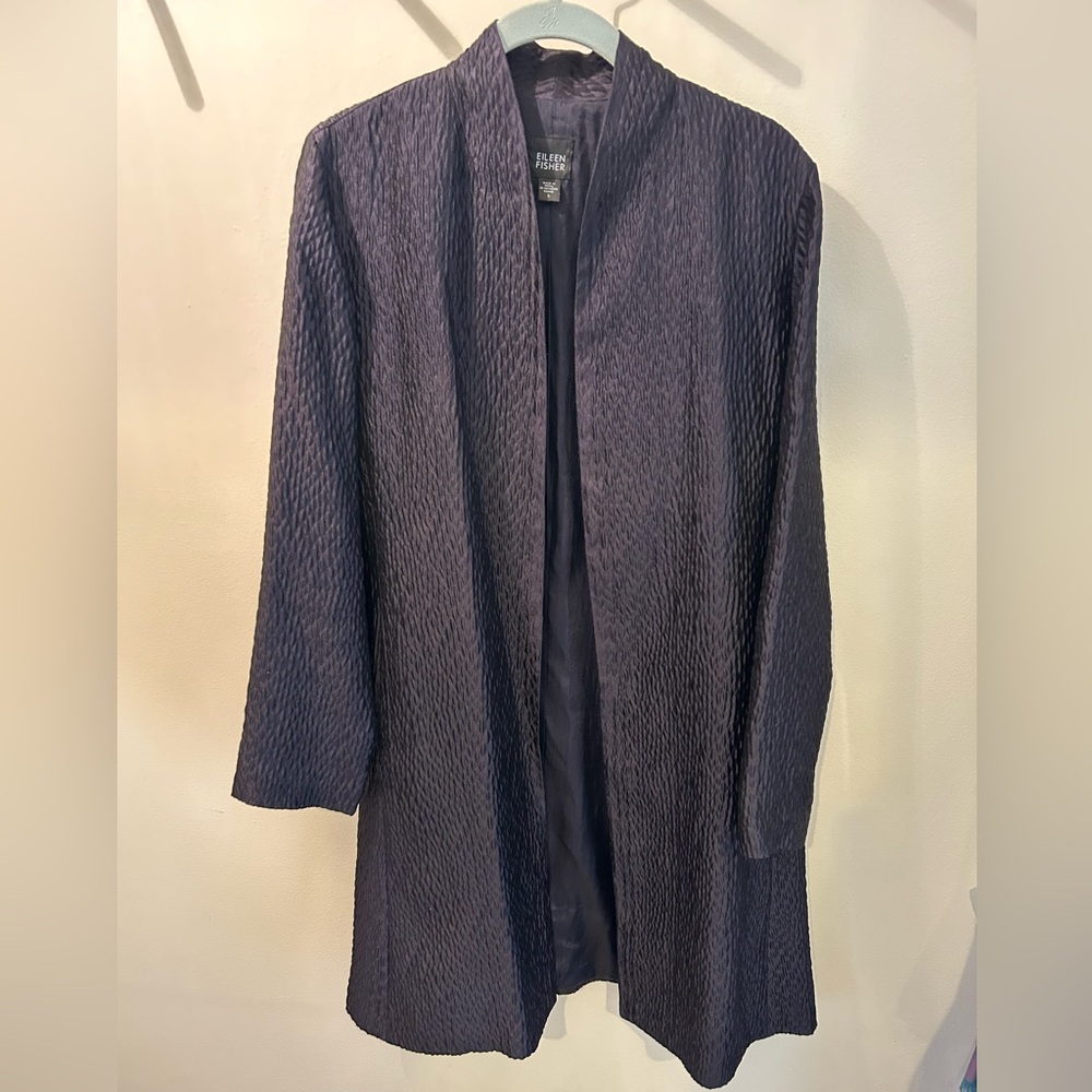 Eileen Fisher Silk Navy Blue Textured Jacket Small